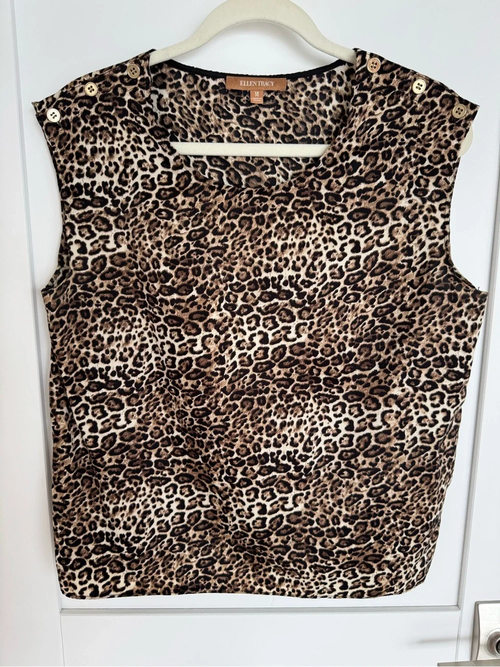 Ellen Tracy Leopard Print Sleeveless Shell in Brown and Black - Picture 1 of 8